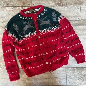 Eddie Bauer Red and Green Reindeer Cardigan